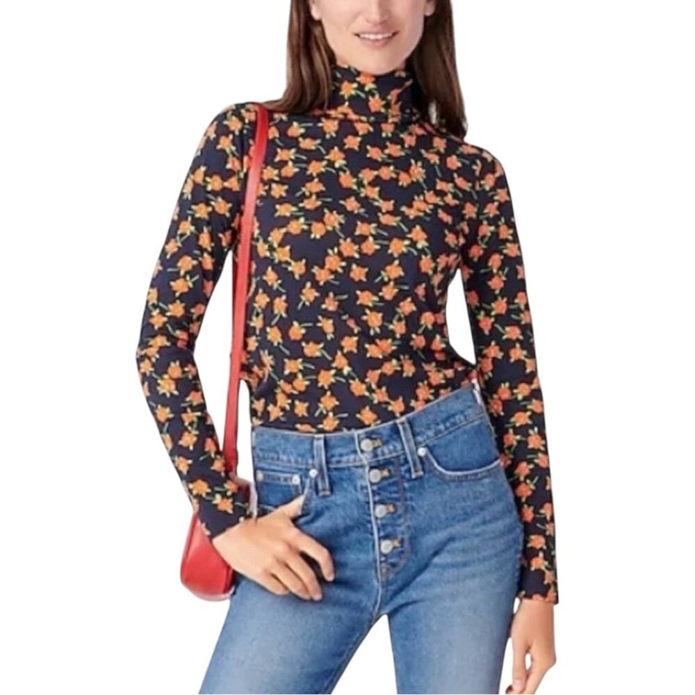 NWOT J. Crew Tissue Navy and Orange Floral Long Sleeve Turtleneck SMALL